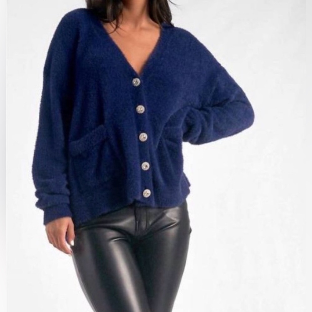 Élan Blue Fuzzy Cardigan w/ Jeweled Buttons